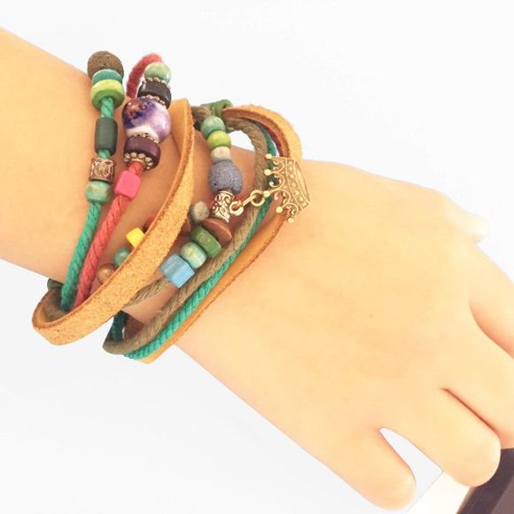 Faux Leather Rope en bois perlé Bracelet en forme de couronne - multicolorcouleur 