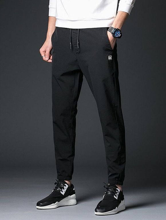 Drawstring Zipper Fly Polyester Applique Jogger Pants - Noir XL