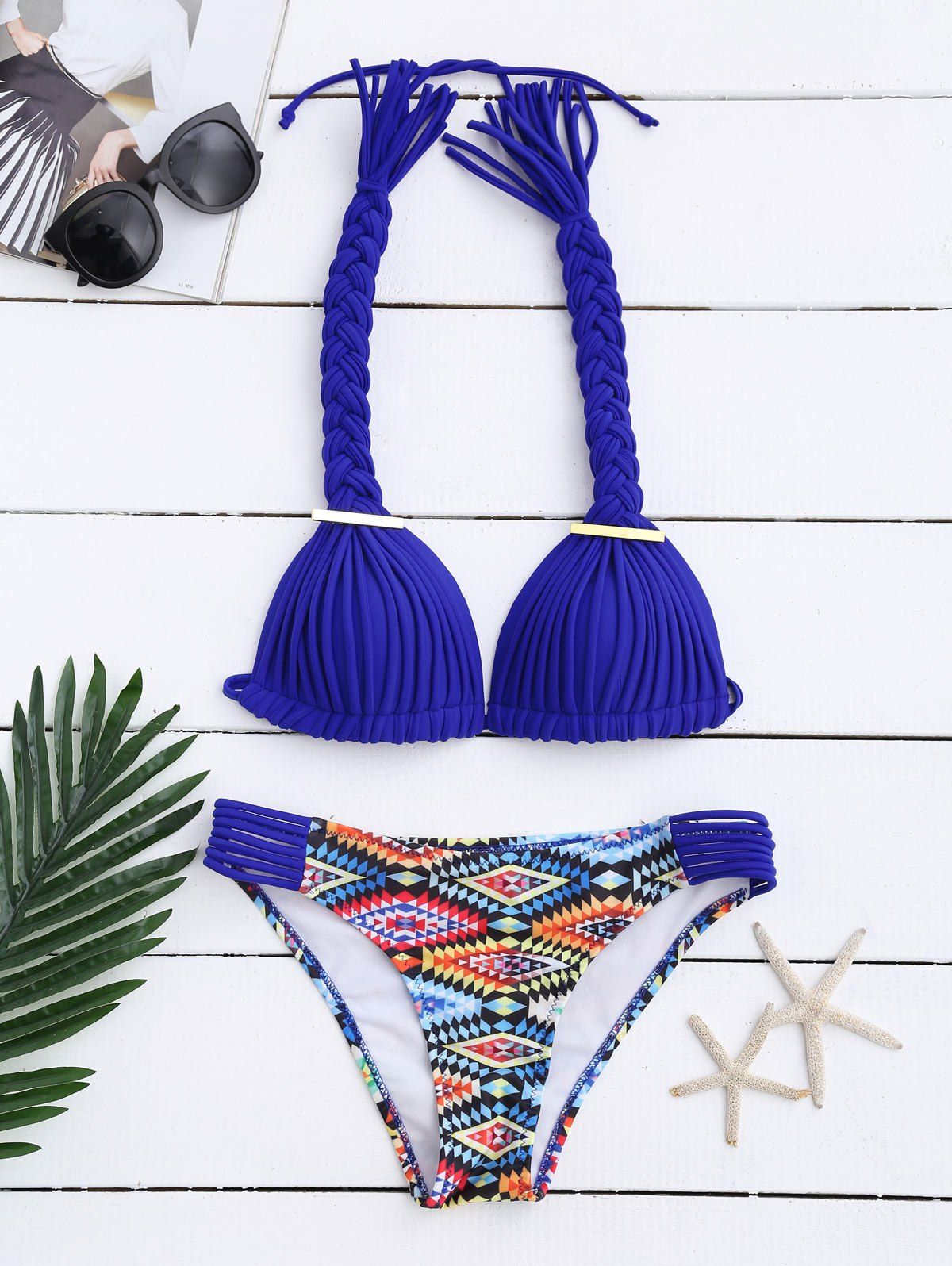 

Aztec Print Halter Braided Seashell Bikini, Blue