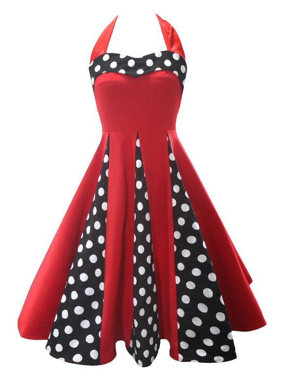 Halter Backless Polka Dot Vintage Dress - Noir et Blanc et Rouge 2XL