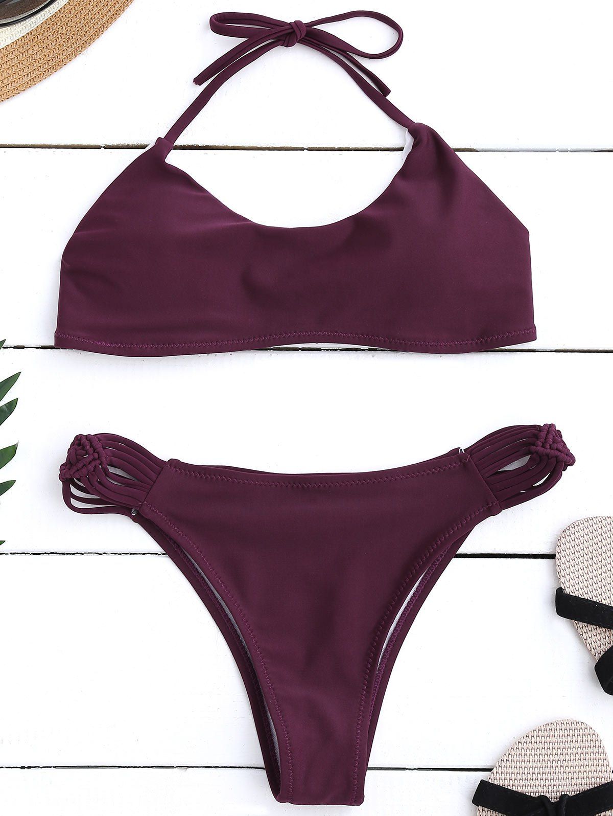 

Braided Padded Strappy Halter Bikini, Purplish red