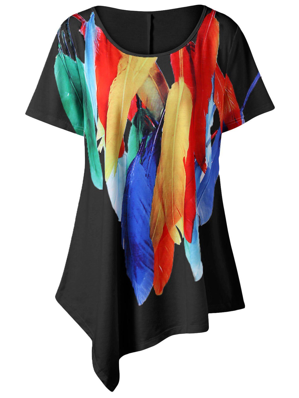 

Feather Print Plus Size Asymmetric T-Shirt, Black