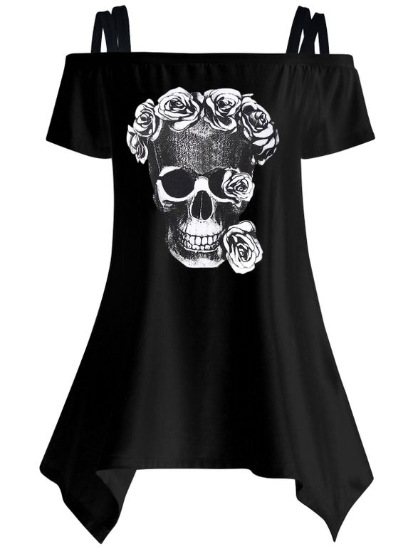 T-Shirt Col Bardot Asymétrique Imprimé Crâne - Noir L