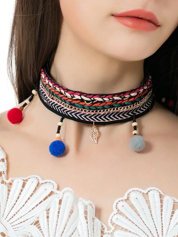 Ethnique Braid Embroidery Ball Leaf Choker Collier - multicolorcouleur 