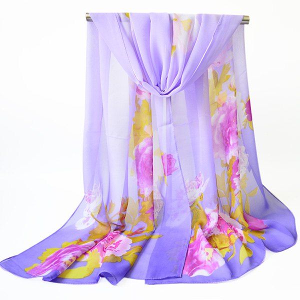 Chiffon Flowers Printed Shawl Scarf, Purple