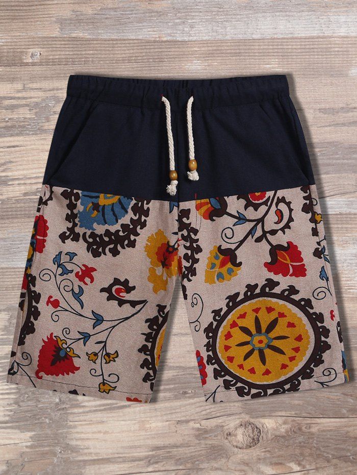 

Drawstring Floral Printed Panel Shorts, Colormix