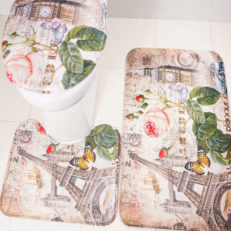 

3Pcs Eiffel Tower Toilet Mat and Bath Rug Sets, Colormix