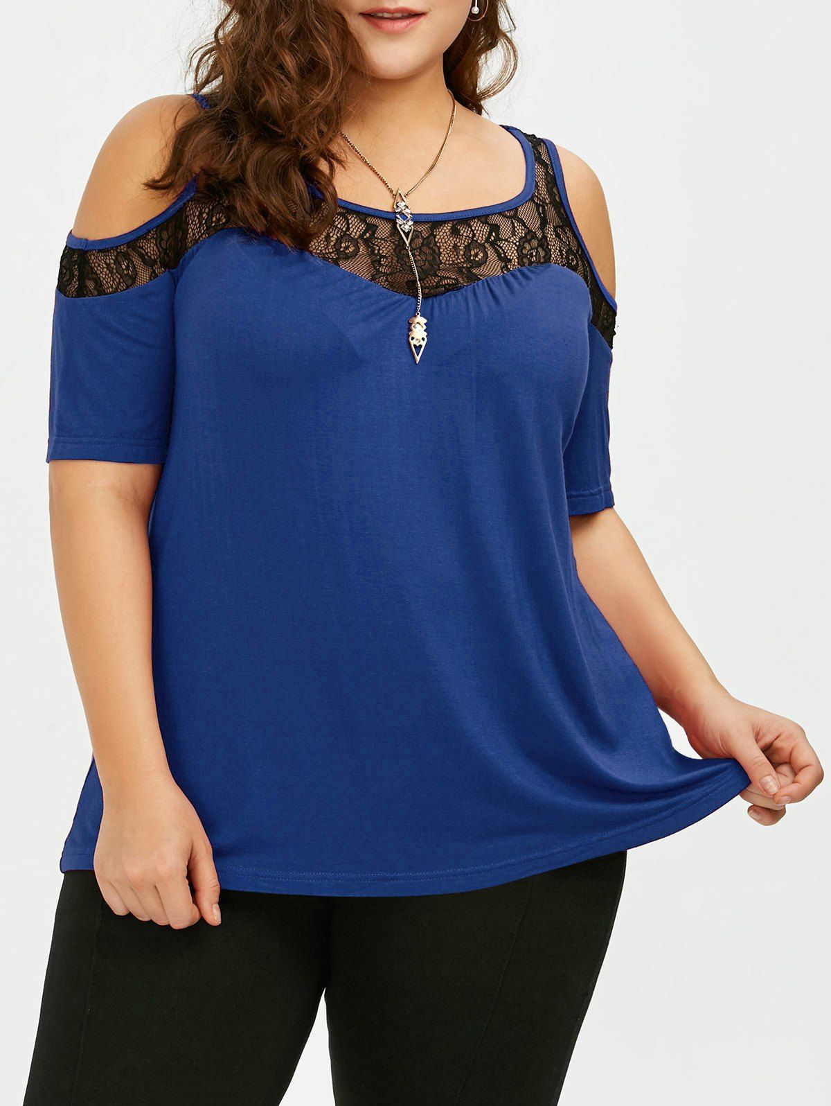 

Plus Size Cold Shoulder Lace Trim T-Shirt, Navy blue