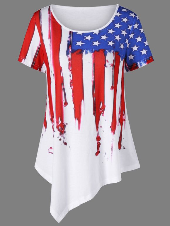 T-Shirt Asymétrique Motif Peinture Dégoulinante du Drapeau Américain Grande Taille - Blanc 3XL