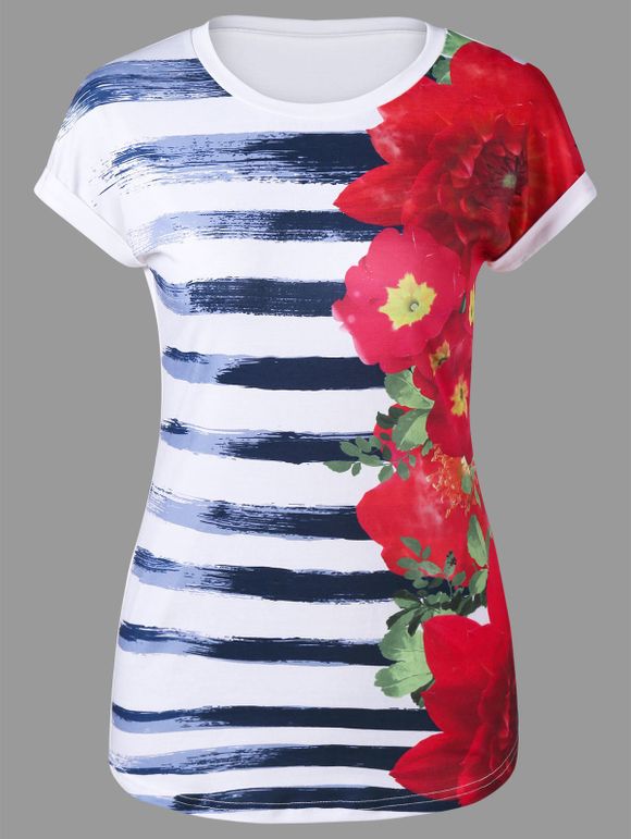 T-shirt floral et à rayures à capuchon - multicolore XL