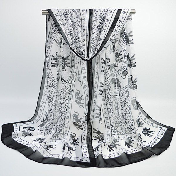 

Totem Elephant Printed Boho Chiffon Scarf, White