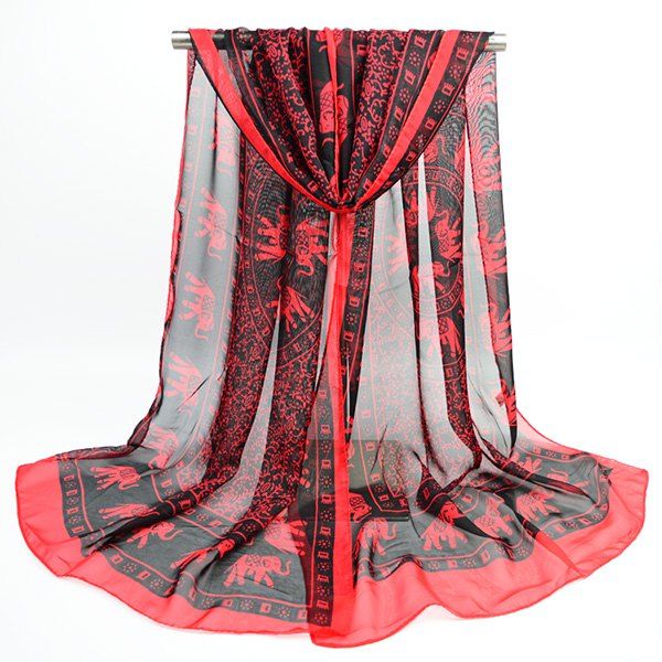 

Totem Elephant Printed Boho Chiffon Scarf, Red