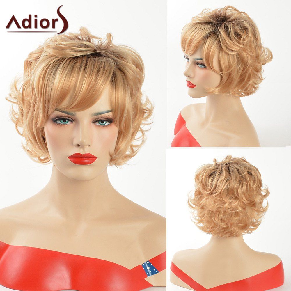 

Adiors Short Dark Root Curly Side Bang Synthetic Hair, Colormix