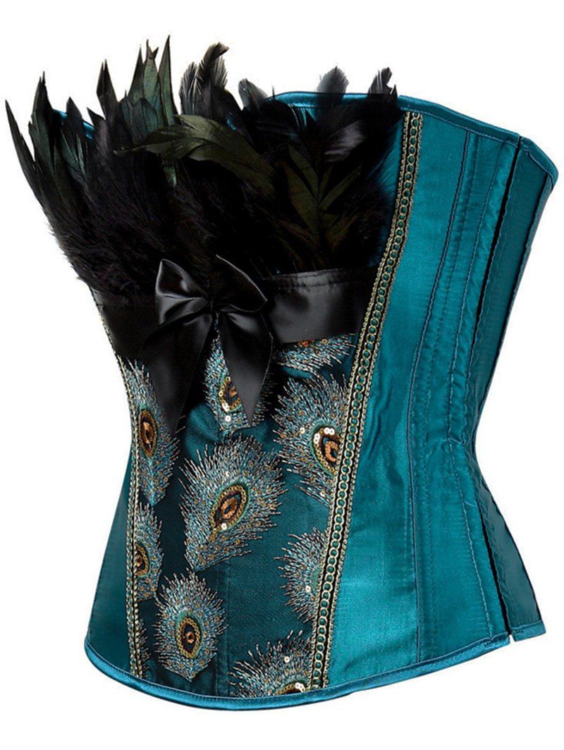 2018 LaceUp Feather Sequined Embroidered Corset PEACOCK BLUE XL In