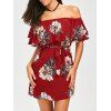 Robe Ceinturée à Epaule Dénudée à Volants - Rouge S