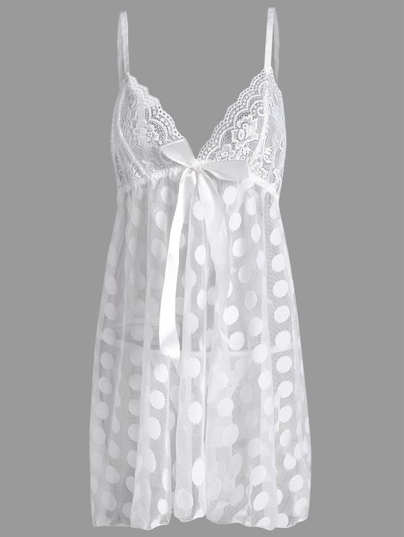 Robe Lingerie Décontractée Transparente à Pois Grande Taille - Blanc 2XL