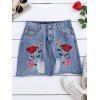 A Line Rose Embroidered Ripped Jean Skirt - DENIM BLUE M