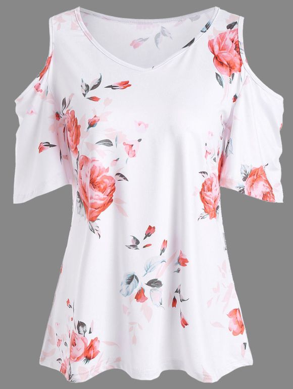 T-Shirt à Épaules Dénudées et à Imprimé Floral - Tangerine XL