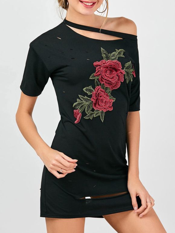 Mini-Robe T-Shirt Style Déchiré avec Broderie Florale - Noir XL