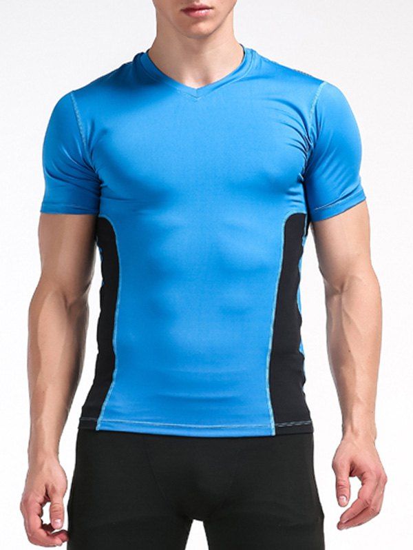 

Color Block Openwork Panel Stretchy Fitness T-Shirt, Blue