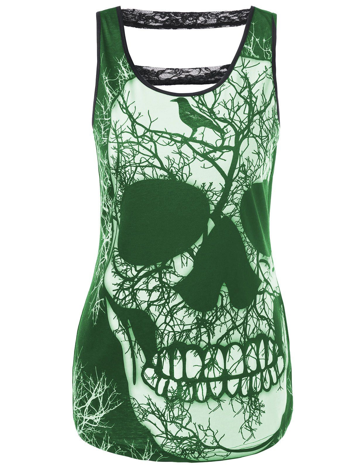 

Lace Trim Cut Out Skull Tank Top, Green