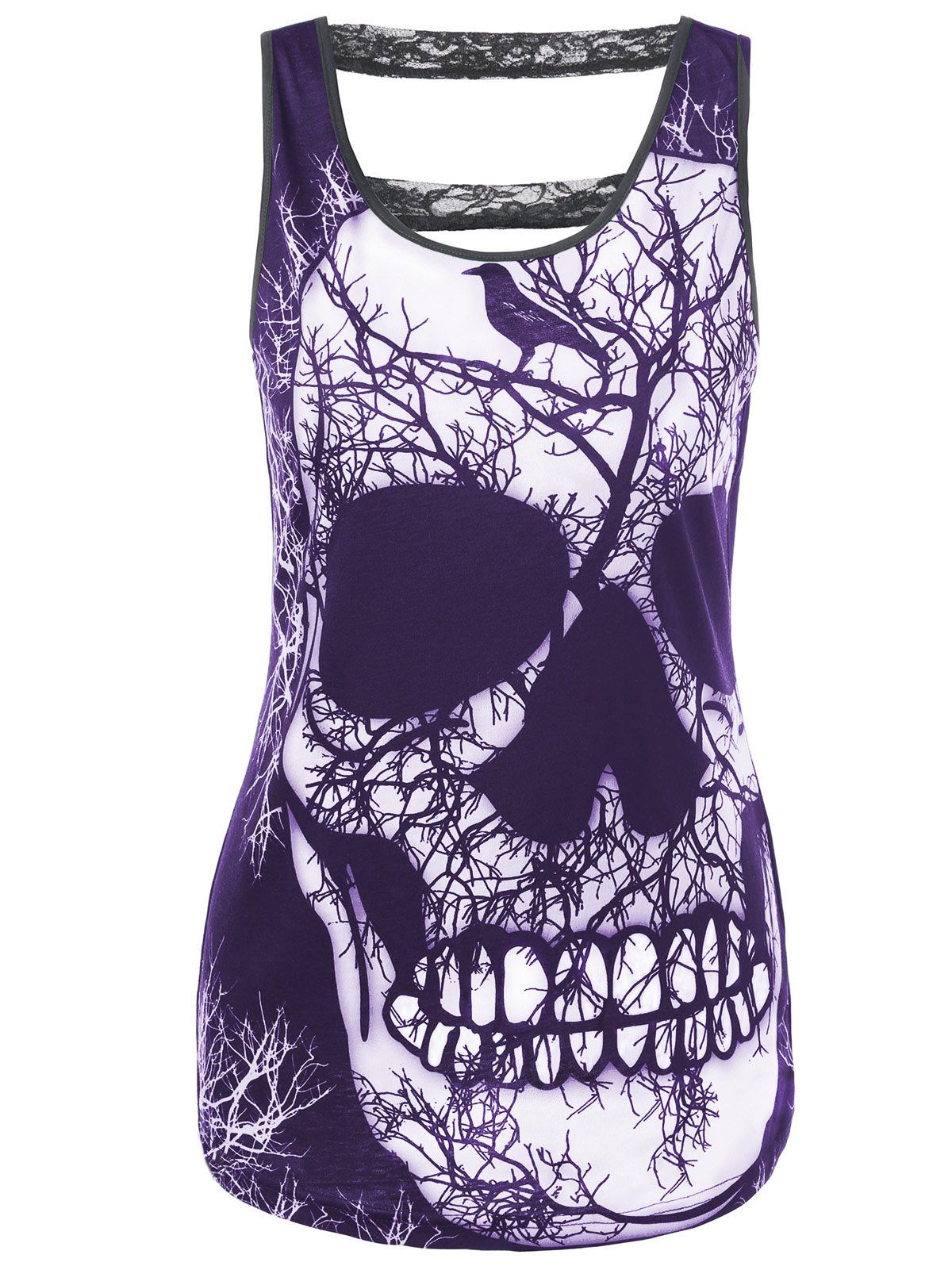 

Lace Trim Cut Out Skull Tank Top, Purple