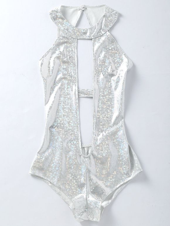 One Piece Plunging Backless Holographic Fabric Swimsuit - Blanc Argent XL
