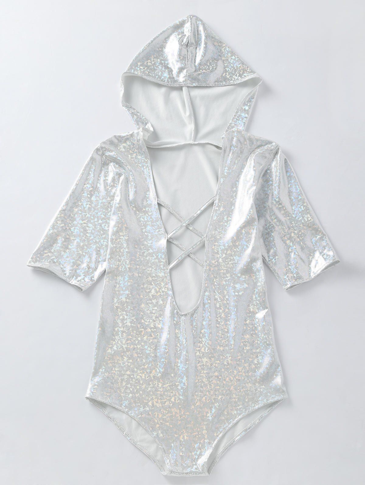 

Half Sleeve Holographic Fabric Plunging Hooded Swimsuit, Silver white