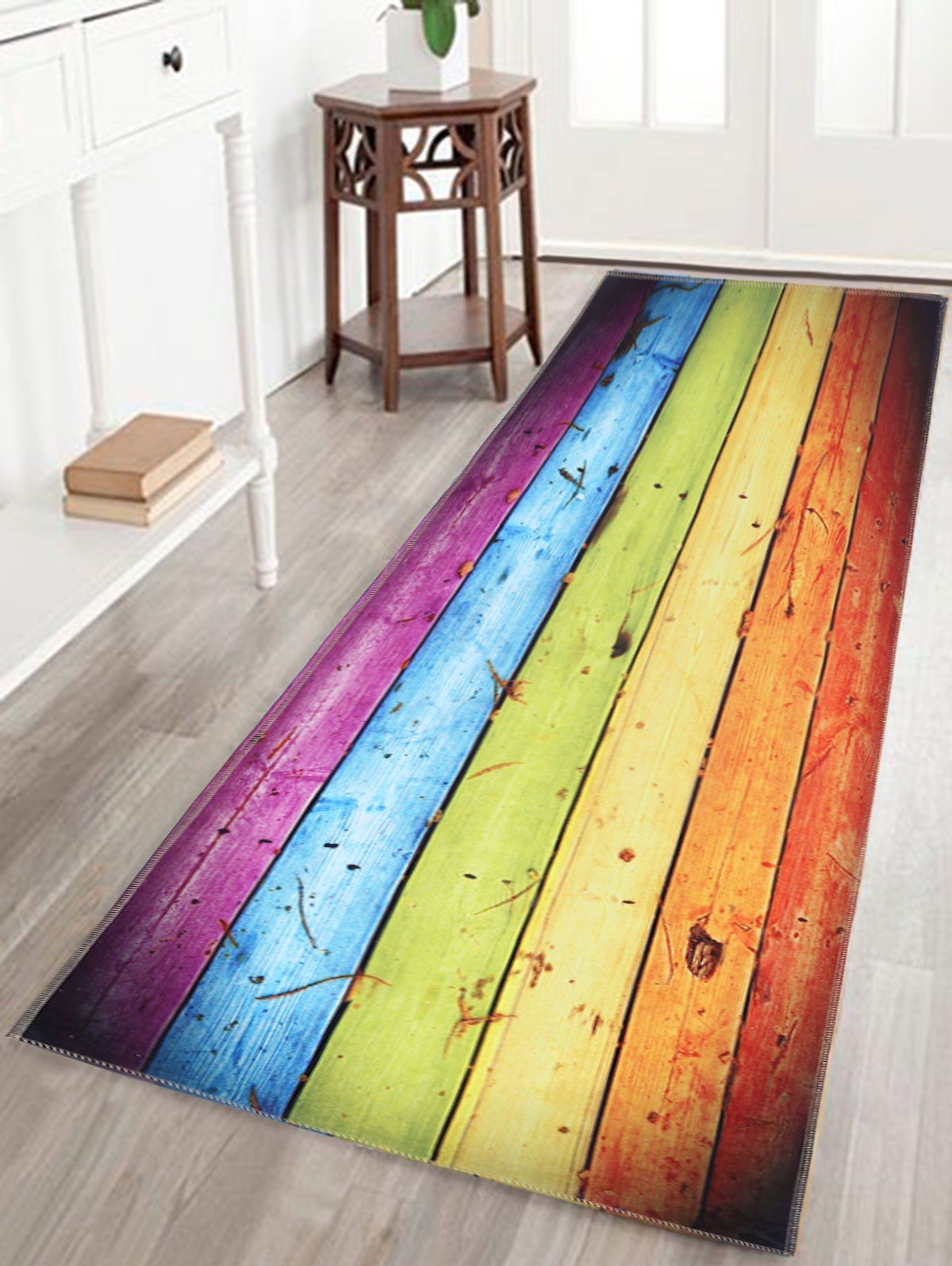

Wood Grain Rainbow Print Skidproof Bathroom Rug, Colorful