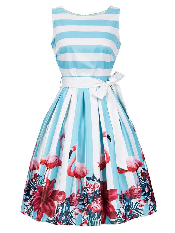 Floral and Striped Sleeveless Dress with Belt - LIGHT BLUE M