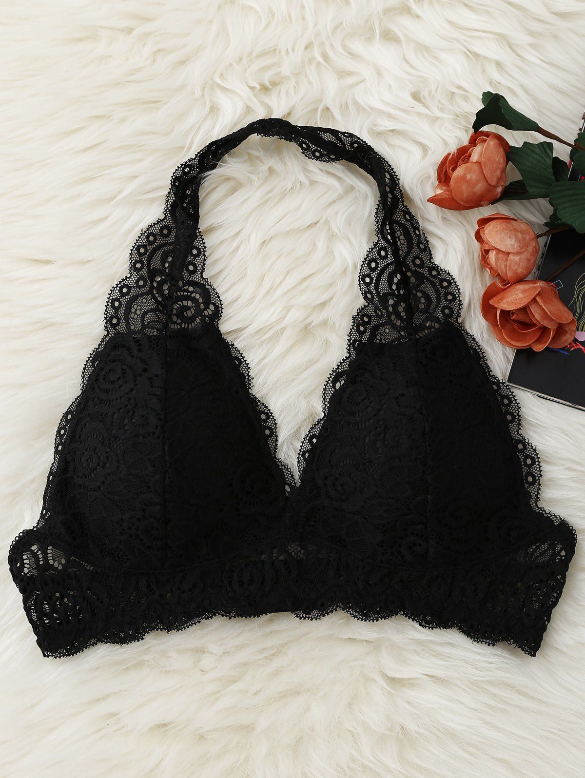 

Halter Plunge Lace Padded Bandeau, Black