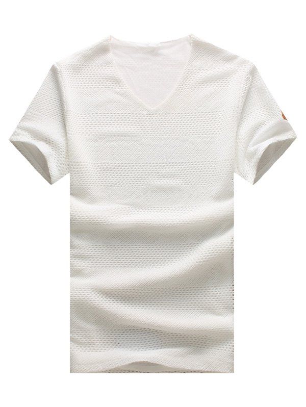 

Grid Mesh Knitted V Neck T-Shirt, White