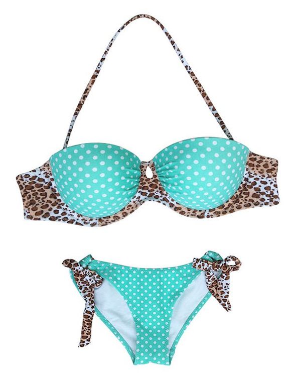 Polka Dot Leopard Print Bikini Set - Bleu clair L