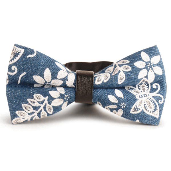 

Flower Printed Denim Layered Bow Tie, Denim blue
