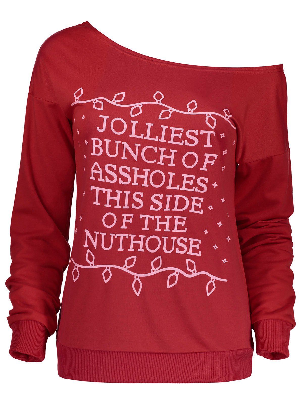 

Christmas Letter Print Skew Neck Sweatshirt, Red