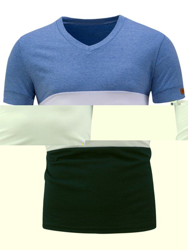 

V Neck Short Sleeve Color Block Panel T-Shirt, Blue