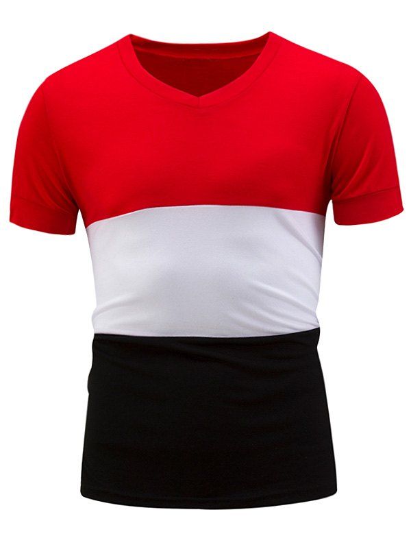 

V Neck Short Sleeve Color Block Panel T-Shirt, Red