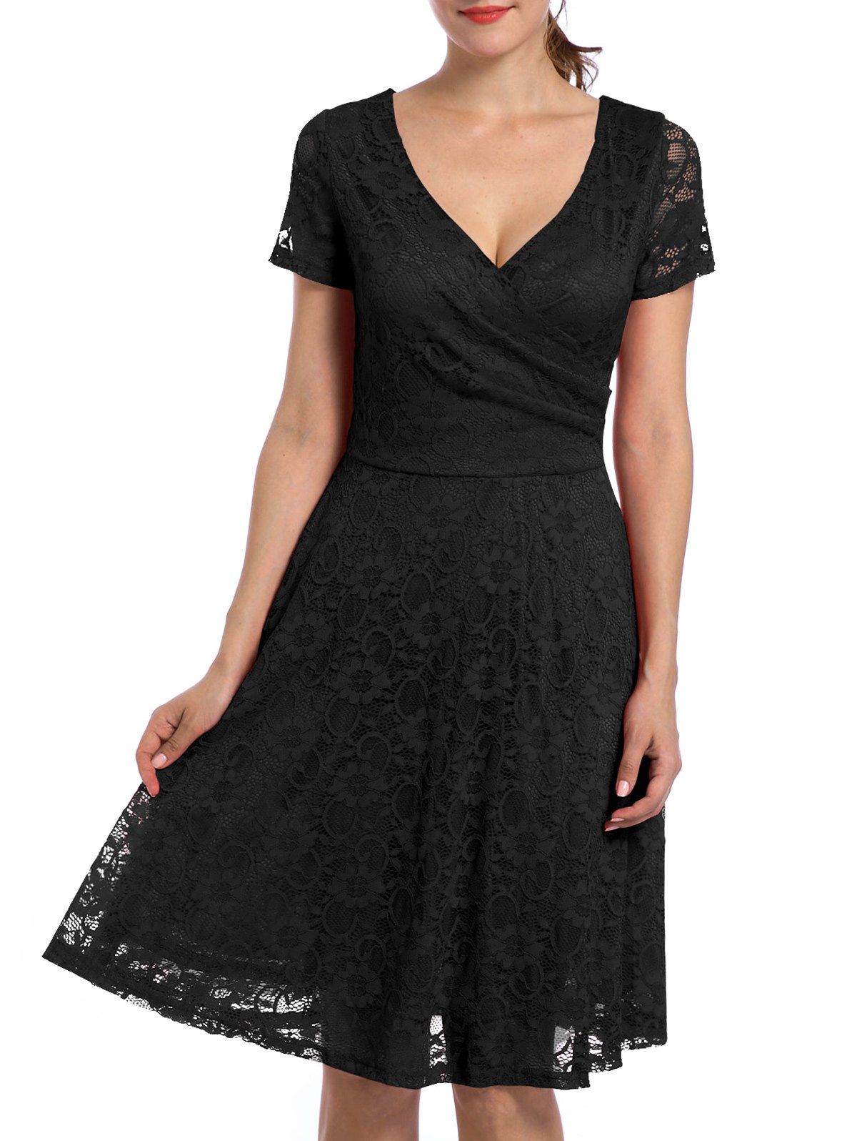 [17% OFF] 2021 V Neck High Waist Lace Dress In BLACK | DressLily