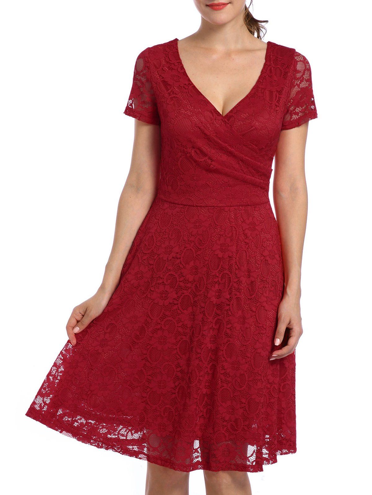 

V Neck High Waist Lace Dress, Red