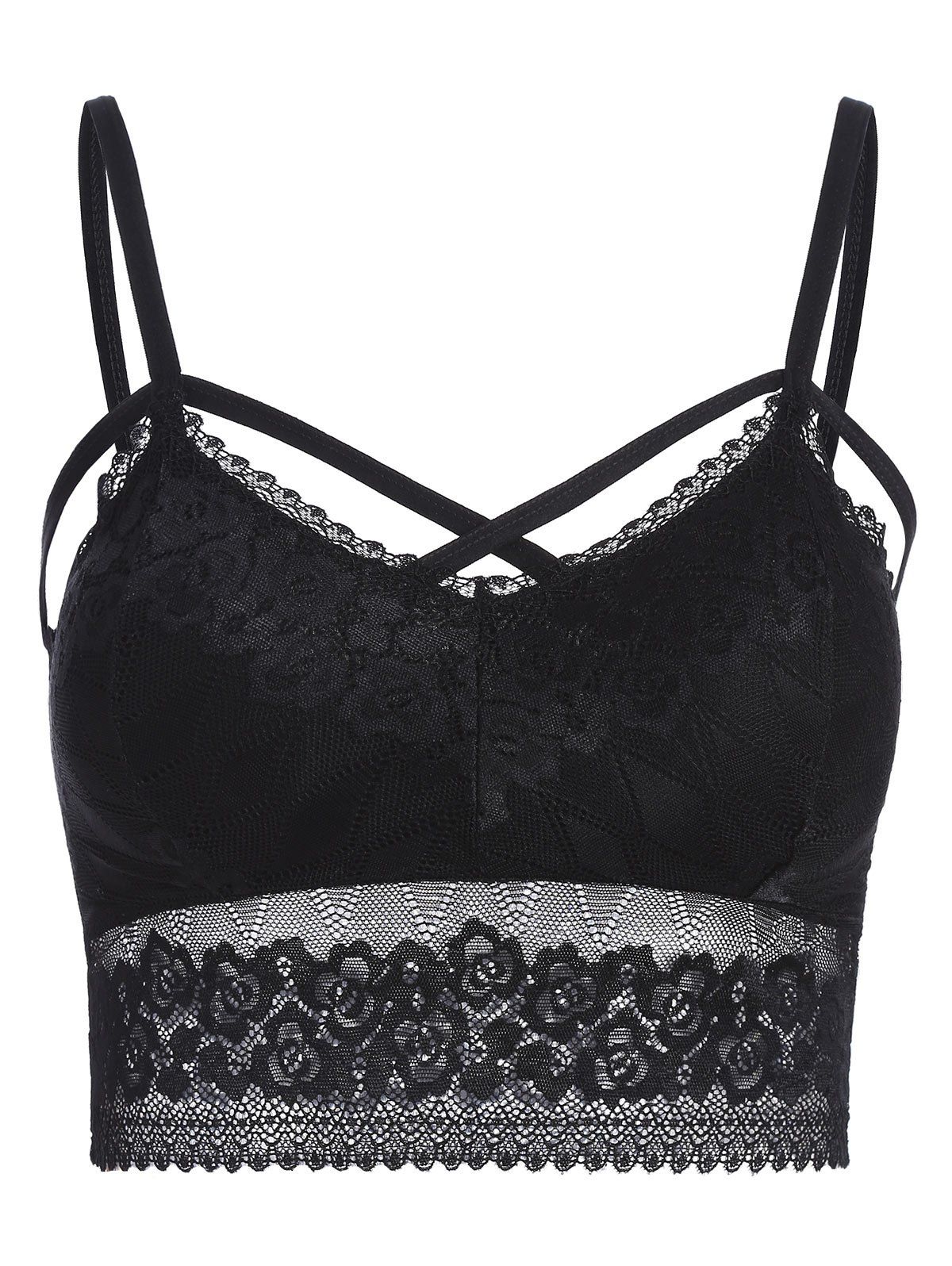 Padded Cross Front Lace Crop Cami Top - BLACK ONE SIZE