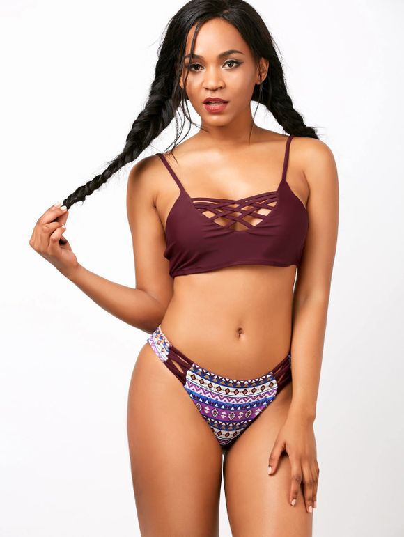Aztec Print Strappy Criss Cross Bikini - Violacé rouge XL