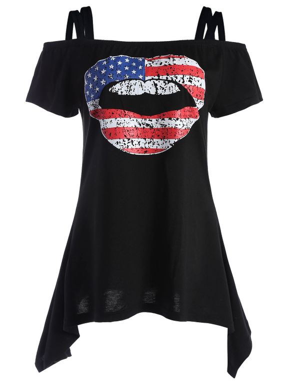 T-Shirt à Épaules Dénudées Motif Drapeau Américain Patriotique Style Graphique - Noir XL