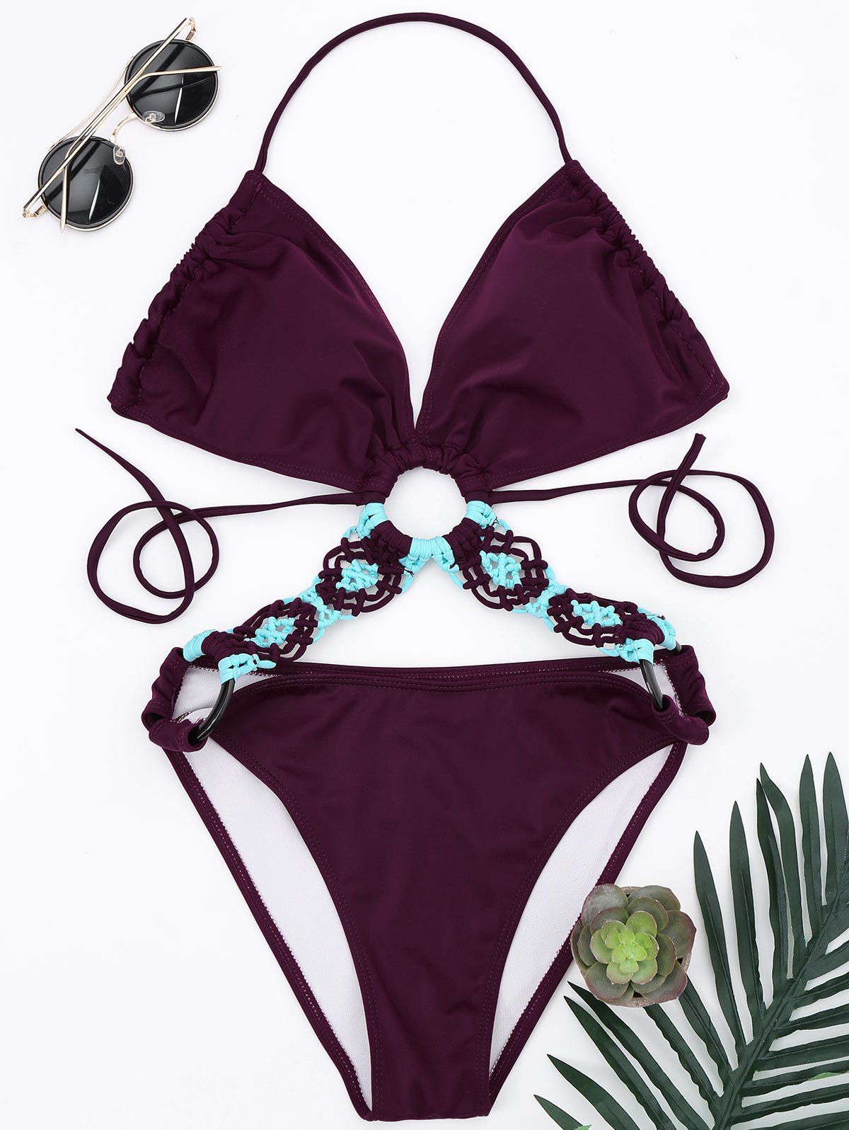

Halter Braided Hollow Out Swimsuit, Wine red