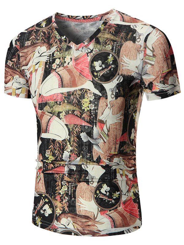 

V Neck Anime Print Tee, Colormix