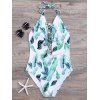 Palm Leaves Backless Lace Up Maillot de bain - Vert S