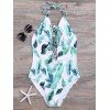 Palm Leaves Backless Lace Up Maillot de bain - Vert M