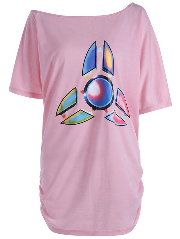 T-shirt Imprimé Long Fidget Spinner Amusant Grande Taille - Rose XL