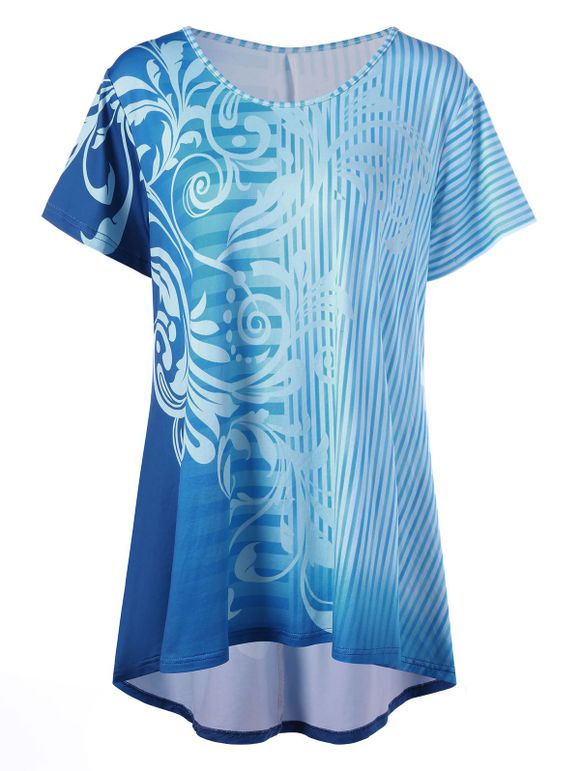 T-shirt Haut-Bas Rayé Grande Taille - Bleu 2XL