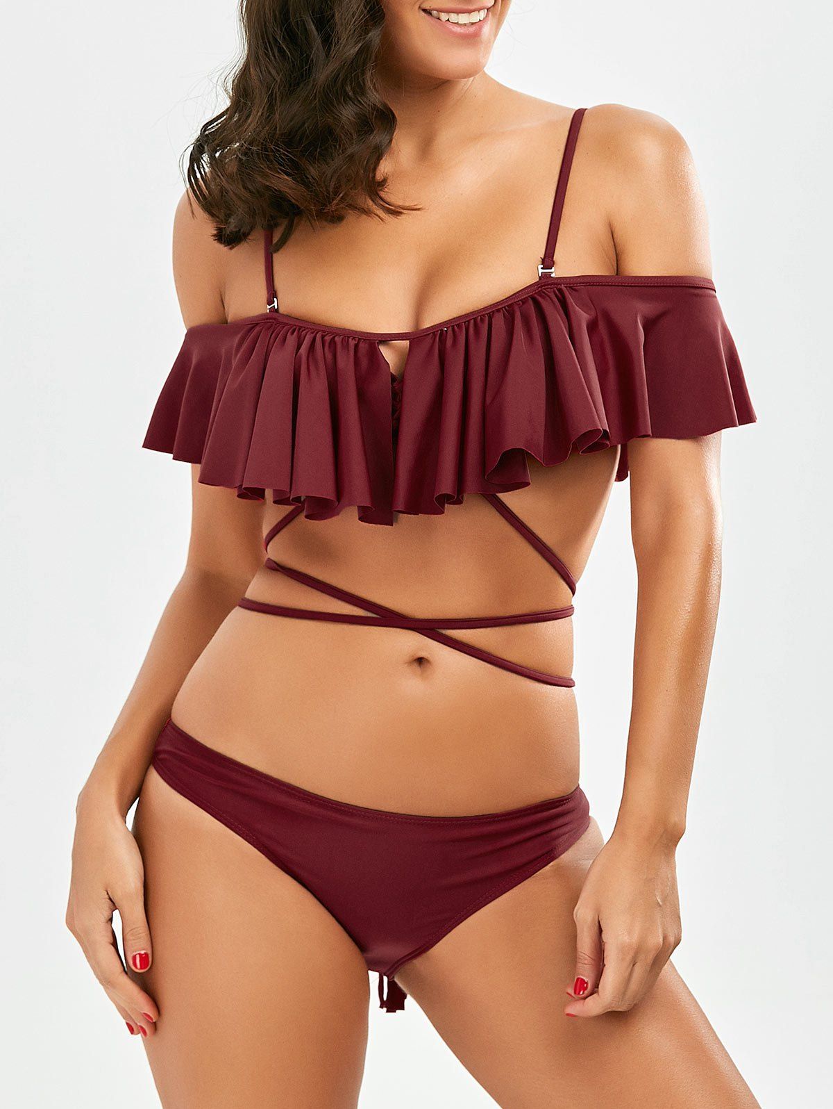 

Lace-Up Padded Ruffle Bikini Set, Wine red