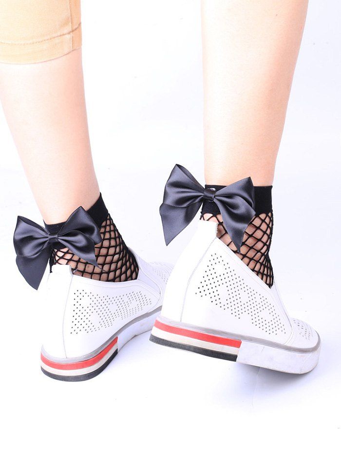 

Fish Net Bowknot Embellished Anklet Socks, Black